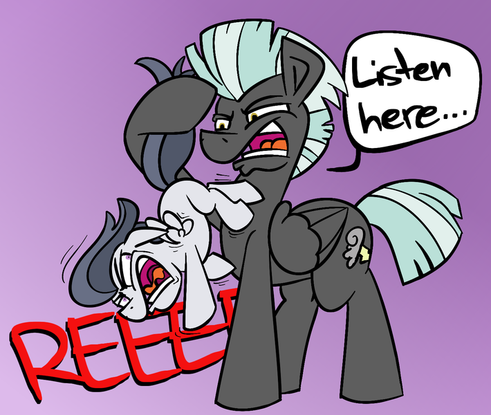Size: 1371x1158 | Tagged: safe, artist:cowsrtasty, derpibooru import, rumble, thunderlane, pegasus, pony, marks and recreation, angry, colt, flailing, frown, glare, gradient background, hoof hold, kicking, listen here, male, open mouth, reeee, screaming, speech bubble, spread wings, stallion, tail, tail pull, trembling, wings