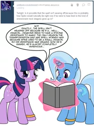 Size: 599x800 | Tagged: safe, artist:dekomaru, derpibooru import, trixie, twilight sparkle, tumblr:ask twixie, ask, book, dialogue, female, lesbian, shipping, tumblr, twixie