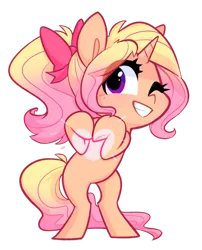 Size: 600x744 | Tagged: safe, artist:meekcheep, derpibooru import, oc, oc:starstruck, unofficial characters only, pony, unicorn, blonde mane, bow, grin, hair bow, heart, heart hands, one eye closed, purple eyes, rearing, simple background, smiling, solo, tan coat, transparent background, wink