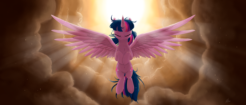 Size: 3000x1285 | Tagged: safe, artist:j24262756, derpibooru import, twilight sparkle, twilight sparkle (alicorn), alicorn, pony, my little pony: the movie, backlighting, eyes closed, female, majestic, mare, solo, spread wings, wings