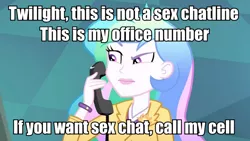 Size: 1080x607 | Tagged: suggestive, derpibooru import, edit, edited screencap, screencap, princess celestia, eqg summertime shorts, equestria girls, subs rock, celestia calls, image macro, implied lesbian, implied shipping, implied twilestia, meme, phone, principal celestia