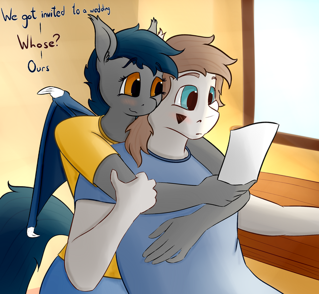 Size: 2600x2400 | Tagged: safe, artist:huckser, derpibooru import, oc, oc:nuke, oc:speck, unofficial characters only, anthro, bat pony, pegasus, clothes, couple, dialogue, female, hug, husband and wife, male, marriage proposal, married couple, married couples doing married things, nervous, shipping, speke, straight, surprised