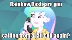 Size: 1080x607 | Tagged: safe, derpibooru import, edit, edited screencap, screencap, princess celestia, eqg summertime shorts, equestria girls, subs rock, celestia calls, image macro, implied rainbow dash, meme, phone, principal celestia