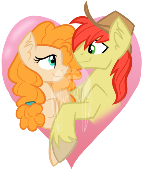 Size: 595x726 | Tagged: safe, artist:tuppkam1, derpibooru import, bright mac, pear butter, pony, the perfect pear, brightbutter, female, heart, male, shipping, simple background, straight, transparent background, watermark