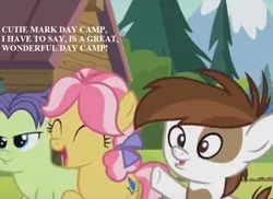 Size: 770x560 | Tagged: safe, derpibooru import, edit, edited screencap, screencap, kettle corn, pipsqueak, earth pony, pony, marks and recreation, cabin, colt, cropped, excited, haiku, male, text, tree