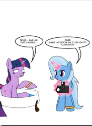 Size: 309x421 | Tagged: safe, artist:dekomaru, derpibooru import, trixie, twilight sparkle, tumblr:ask twixie, ask, bath, bathtub, camera, dialogue, female, lesbian, shipping, tumblr, twixie, water