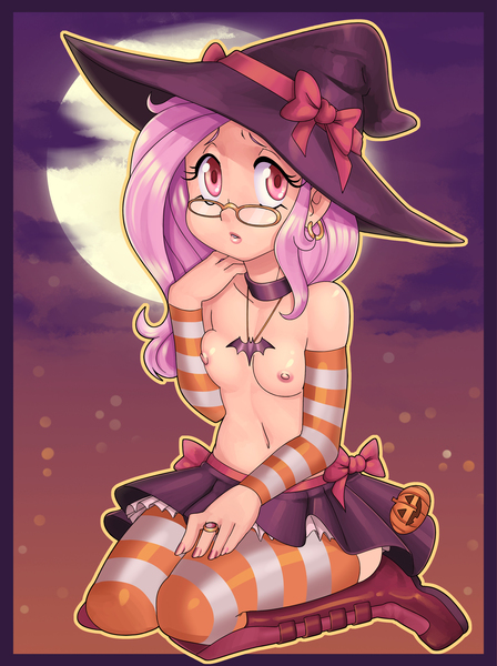 Size: 2682x3594 | Tagged: questionable, artist:nauth, derpibooru import, fluttershy, bat pony, human, bats!, arm warmers, blushing, boots, bow, breasts, choker, chokershy, clothes, delicious flat chest, ear piercing, earring, female, flutterbat, flutternerd, glasses, halloween, hat, holiday, humanized, jewelry, kneeling, lipstick, looking at you, moon, nail polish, necklace, nerd, night, nipples, nudity, :o, open mouth, partial nudity, patreon, piercing, race swap, ribbon, ring, shoes, skirt, small breasts, socks, solo, solo female, striped socks, thigh highs, topless, witch, witch hat