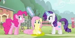 Size: 925x465 | Tagged: artist:thedarkpony, clothes, compression shorts, derpibooru import, edit, edited screencap, fear wetting, female, fluttershy, pinkie pie, pissing, rarity, screencap, shorts, suggestive, urine, wetting