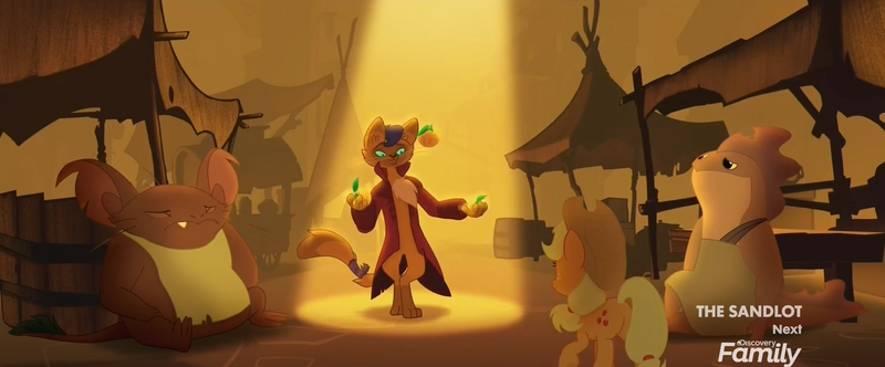 Size: 1918x797 | Tagged: safe, derpibooru import, screencap, applejack, capper dapperpaws, abyssinian, anthro, cat, digitigrade anthro, earth pony, pony, my little pony: the movie, anthro with ponies, clothes, coat, female, juggling, klugetown, klugetowner, male, mare, spotlight