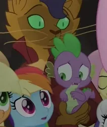 Size: 378x446 | Tagged: abyssinian, anthro, applejack, capper dapperpaws, cropped, derpibooru import, dragon, fluttershy, holding, my little pony: the movie, o.o, rainbow dash, rarity, safe, scared, screencap, spike