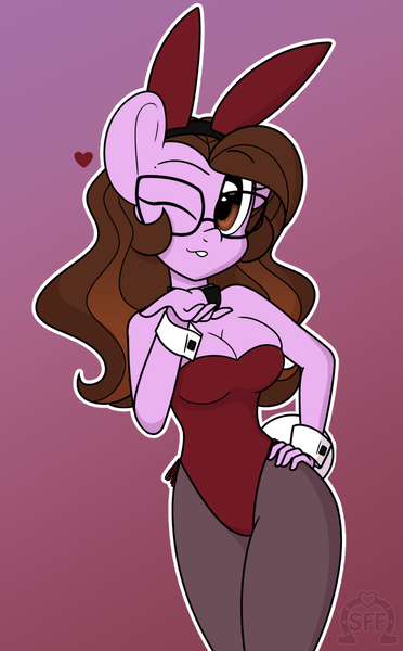 Size: 800x1291 | Tagged: anthro, artist:sweetfilthyfun, blowing a kiss, bowtie, breasts, bunny ears, bunny suit, cleavage, clothes, cufflinks, cuffs (clothes), derpibooru import, glasses, gradient background, hand on hip, heart, leotard, looking at you, oc, oc:ivy rose, one eye closed, pantyhose, playboy bunny, strapless, suggestive, unofficial characters only