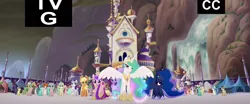 Size: 1920x800 | Tagged: safe, derpibooru import, screencap, applejack, princess cadance, princess celestia, princess luna, rarity, twilight sparkle, twilight sparkle (alicorn), alicorn, pony, my little pony: the movie, canterlot, tv-g