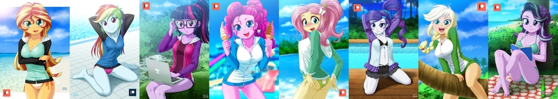 Size: 5649x1000 | Tagged: questionable, alternate version, artist:uotapo, derpibooru import, edit, applejack, fluttershy, pinkie pie, rainbow dash, rarity, sci-twi, starlight glimmer, sunset shimmer, twilight sparkle, equestria girls, adorasexy, adorkable, arm behind head, armpits, ass, barefoot, beach, beanie, belly button, beret, bicolor swimsuit, bikini, blushing, book, bottle, breasts, busty applejack, busty fluttershy, busty pinkie pie, busty rarity, busty starlight glimmer, busty sunset shimmer, cameltoe, cleavage, clothes, cloud, collage, colored pupils, computer, cute, dashabetes, diapinkes, dork, ear piercing, earring, feet, female, flutterbutt, food, glasses, glimmerbetes, grass, green swimsuit, happy, hat, hoodie, humane eight, humane five, humane seven, humane six, ice cream, ice cream cone, jackabetes, jacket, jewelry, kneeling, laptop computer, looking at you, looking back, looking back at you, mane six, mountain dew, multicolored hair, orange swimsuit, patreon, patreon logo, piercing, pink swimsuit, ponytail, product placement, raribetes, rash guard, reading, sexy, shimmerbetes, shyabetes, side-tie bikini, skirt, sky, smiling, soft serve, string bikini, striped swimsuit, stupid sexy starlight glimmer, swimming pool, swimsuit, tree, twiabetes, underass, uotapo is trying to murder us, uotapo will kill us all, water, water park