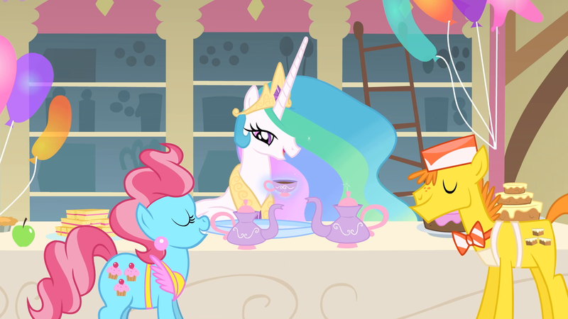 Size: 1920x1080 | Tagged: safe, derpibooru import, screencap, carrot cake, cup cake, princess celestia, alicorn, earth pony, pony, a bird in the hoof, apple, balloon, cake, cup, female, food, hospitality, levitation, magic, male, mare, pie, stallion, sugarcube corner, tea, teacup, teapot, telekinesis, the cakes