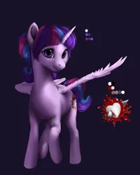 Size: 1200x1500 | Tagged: semi-grimdark, artist:rossignolet, derpibooru import, oc, oc:piercing heart, unofficial characters only, alicorn, pony, alicorn oc, female, mare, offspring, parent:flash sentry, parent:twilight sparkle, parents:flashlight, smiling, solo