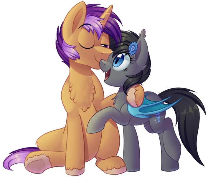 Size: 1486x1262 | Tagged: safe, artist:thegamblehorse, deleted from derpibooru, derpibooru import, oc, oc:seachell, oc:sharkbutt, unofficial characters only, bat pony, pony, unicorn, bat pony oc, chest fluff, couple, female, flower, flower in hair, looking down, looking up, male, mare, oc x oc, one eye closed, open mouth, raised hoof, sharkchell, shipping, simple background, sitting, smiling, stallion, standing, straight, transparent background