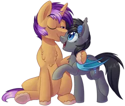 Size: 1486x1262 | Tagged: safe, artist:thegamblehorse, deleted from derpibooru, derpibooru import, oc, oc:seachell, oc:sharkbutt, unofficial characters only, bat pony, pony, unicorn, bat pony oc, chest fluff, couple, female, flower, flower in hair, looking down, looking up, male, mare, oc x oc, one eye closed, open mouth, raised hoof, sharkchell, shipping, simple background, sitting, smiling, stallion, standing, straight, transparent background