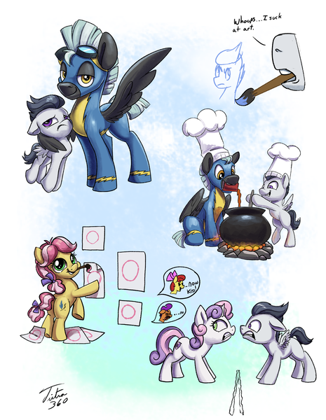 Size: 1920x2478 | Tagged: safe, artist:tsitra360, derpibooru import, apple bloom, kettle corn, rumble, scootaloo, sweetie belle, thunderlane, earth pony, pegasus, pony, unicorn, marks and recreation, angry, apple bloom the shipper, cauldron, chef's hat, clothes, colt, cooking, cutie mark crusaders, cutie ship crusaders, female, filly, hat, hug, male, now kiss, paintbrush, painting, rumbelle, rumbloo, shipper on deck, shipping, simple background, smiling, stallion, straight, uniform, winghug, wonderbolts uniform