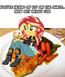 Size: 2651x3121 | Tagged: safe, derpibooru import, edit, sunset shimmer, chicken, equestria girls, carrot, chicken dinner, elf on the shelf, food, image macro, meme, solo, sunset shimmer dressing up as food