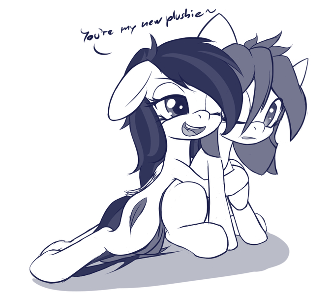 Size: 1007x892 | Tagged: safe, artist:an-m, derpibooru import, oc, oc:reflect decrypt, oc:scribble, unofficial characters only, earth pony, pegasus, pony, blank flank, dialogue, floppy ears, hug, monochrome, one eye closed, open mouth, surprised