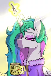 Size: 2000x3000 | Tagged: alicorn, artist:wilshirewolf, best pony, clothes, coffee, derpibooru import, female, high res, lidded eyes, magic, mare, messy mane, morning ponies, mug, princess celestia, robe, safe, simple background, solo, tired