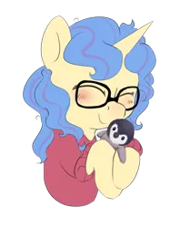 Size: 1585x1897 | Tagged: safe, artist:pucksterv, derpibooru import, oc, oc:eleos, unofficial characters only, penguin, pony, unicorn, bust, clothes, eyes closed, female, glasses, hug, mare, plushie, portrait, simple background, solo, sweater, transparent background