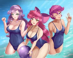 Size: 1016x800 | Tagged: suggestive, artist:thebrokencog, derpibooru import, apple bloom, scootaloo, sweetie belle, human, adorasexy, arm boob squeeze, beach, beach babe, beach ball, big breasts, bow, breasts, busty apple bloom, busty sweetie belle, cleavage, clothes, cute, cutie mark crusaders, female, females only, hair bow, humanized, image, looking at you, older, older apple bloom, older cmc, older scootaloo, older sweetie belle, one eye closed, one-piece swimsuit, png, seductive pose, sexy, swimsuit, swimsuit babe, tongue out, trio, water, wink