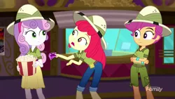 Size: 1280x720 | Tagged: safe, derpibooru import, screencap, apple bloom, scootaloo, sweetie belle, eqg summertime shorts, equestria girls, the canterlot movie club, belt, bucket, cinema, clothes, crossed arms, cutie mark crusaders, female, food, group, hat, open mouth, popcorn, shorts, skirt, theater, ticket, trio