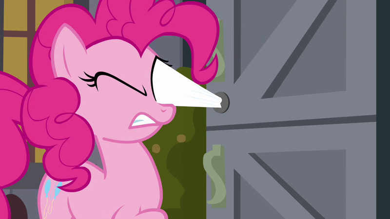 Size: 1280x720 | Tagged: a friend in deed, derpibooru import, door, eye scream, one eye closed, pinkie pie, safe, screencap, stuck, teeth