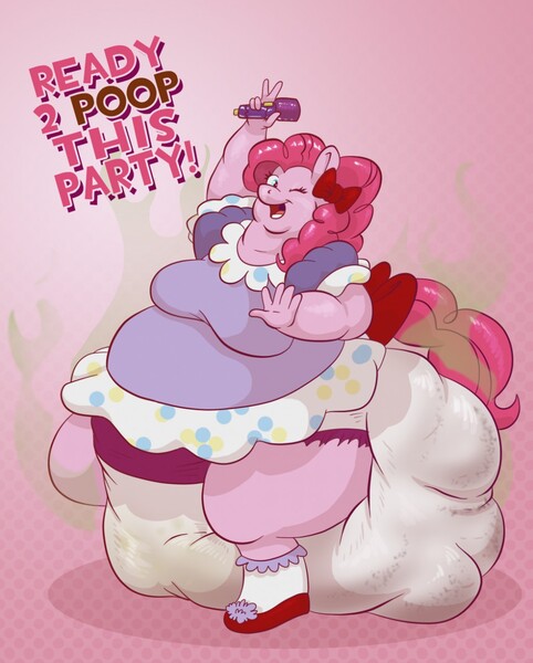 Size: 1028x1280 | Tagged: anthro, artist:underwear-ninja, bow, breasts, derpibooru import, diaper, diaper fetish, downvote bait, fat, fetish, hypermess, messy diaper, microphone, obese, piggy pie, pinkie pie, poop, poopy diaper, pudgy pie, questionable