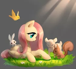 Size: 1200x1098 | Tagged: safe, artist:r1629, derpibooru import, angel bunny, fluttershy, bird, chipmunk, deer, pegasus, pony, rabbit, sheep, squirrel, canary, cute, fawn, female, flower, folded wings, grass, gray background, lamb, male, mare, profile, prone, shyabetes, simple background, solo, sunlight, wings