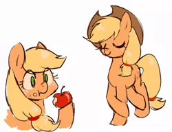 Size: 900x690 | Tagged: safe, artist:r1629, derpibooru import, applejack, earth pony, pony, apple, cowboy hat, crossed hooves, cute, eating, eyes closed, female, food, hat, hatless, hoof hold, jackabetes, mare, missing accessory, simple background, solo, white background