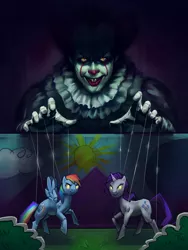 Size: 1500x2000 | Tagged: artist:andromedadualitas, crossover, derpibooru import, fanart mashup challenge, glowing eyes, it, no more ponies at source, pennywise, puppet, puppet theater, rainbow dash, rarity, safe, stephen king