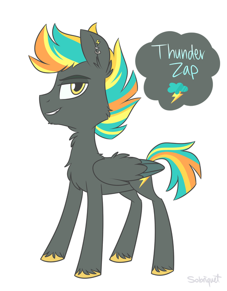 Size: 1024x1308 | Tagged: safe, artist:flourret, derpibooru import, oc, oc:thunderzap, unofficial characters only, pegasus, pony, male, offspring, parent:rainbow dash, parent:thunderlane, parents:thunderdash, simple background, solo, stallion, white background