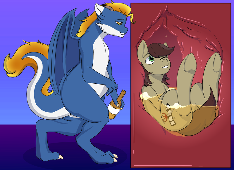 Size: 2197x1600 | Tagged: artist:spamjamz, derpibooru import, dragon, fetish, gay, male, oc, oc:nyama, oc:rough cut, questionable, size difference, unofficial characters only, vore