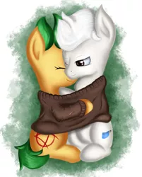 Size: 1813x2260 | Tagged: safe, artist:qbellas, derpibooru import, oc, unofficial characters only, pony, clothes, cuddling, female, hug, male, simple background, sweatshirt