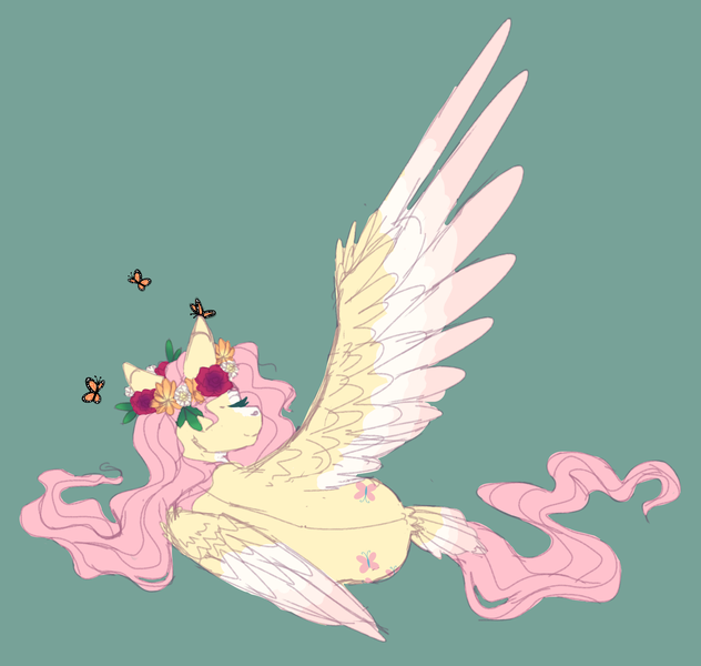 Size: 2687x2549 | Tagged: safe, artist:pndrws, derpibooru import, fluttershy, butterfly, pegasus, pony, both cutie marks, cheek fluff, colored sketch, colored wings, colored wingtips, eyes closed, female, floral head wreath, flower, green background, head turn, mare, one wing out, rear view, side, simple background, smiling, solo, spread wings, tail feathers, wings