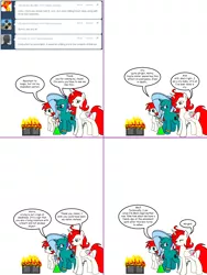 Size: 1204x1604 | Tagged: safe, artist:dekomaru, derpibooru import, oc, oc:astra, oc:hazel lulamoon, oc:mars, unofficial characters only, alicorn, unicorn, tumblr:ask twixie, ask, box, colt, female, fire, male, mare, tumblr