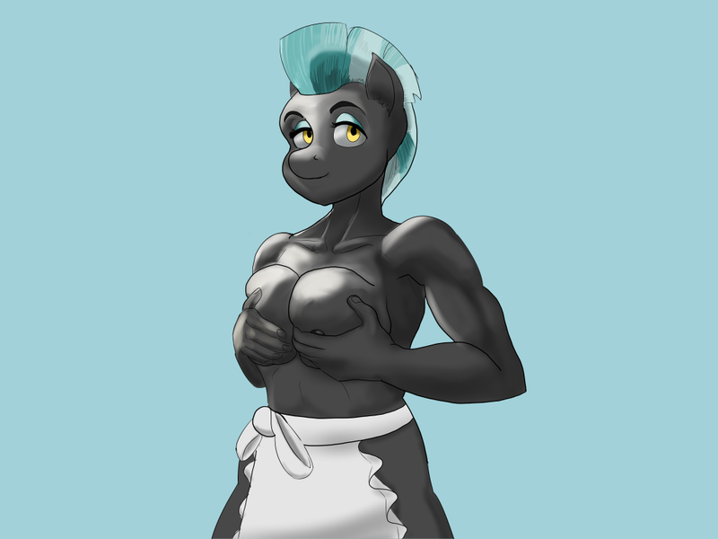 Size: 1024x768 | Tagged: anthro, apron, artist:thundermaid, breasts, busty lightningroad, clothes, derpibooru import, intersex, lightningroad, muscles, nipples, nudity, questionable, rule 63, skirt, solo, thunderlane, thundermaid