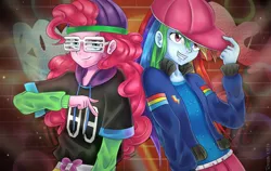 Size: 2060x1300 | Tagged: safe, artist:tcn1205, derpibooru import, pinkie pie, rainbow dash, dance magic, equestria girls, spoiler:eqg specials, backwards ballcap, baseball cap, cap, clothes, duo, duo female, female, hat, hip hop, mc pinkie, outfit, pants, pony coloring, rapper dash, rapper pie, shutter shades