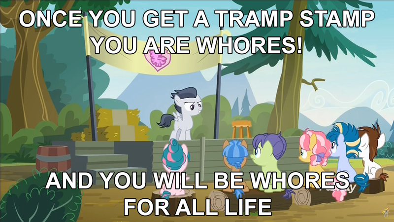 Size: 1280x720 | Tagged: safe, derpibooru import, screencap, kettle corn, mocha berry, pipsqueak, rumble, skeedaddle, tulip swirl, earth pony, pegasus, pony, unicorn, marks and recreation, colt, female, filly, image macro, male, meme, vulgar