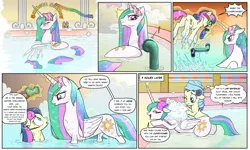 Size: 1920x1149 | Tagged: safe, artist:pencils, derpibooru import, bon bon, princess celestia, sweetie drops, alicorn, earth pony, pony, comic:sunbutt sunday, bath, bathing, beautiful, blushing, caught, celestia is not amused, comic, cruel and unusual punishment, curious, cute, cutelestia, cutie mark, dialogue, diving goggles, duo, duo female, exclamation point, female, glowing horn, implied lyra, intimidating, levitation, magic, mane 'n tail, mare, multicolored mane, multicolored tail, periscope, plot, purple eyes, scared, scrunchy face, scuba gear, secret agent sweetie drops, shampoo, size difference, soap bubble, sparkles, speech bubble, spying, stalker, stalking, stupid sexy celestia, sunbutt, tallestia, telekinesis, unamused, water, wet mane, wet mane celestia, wings