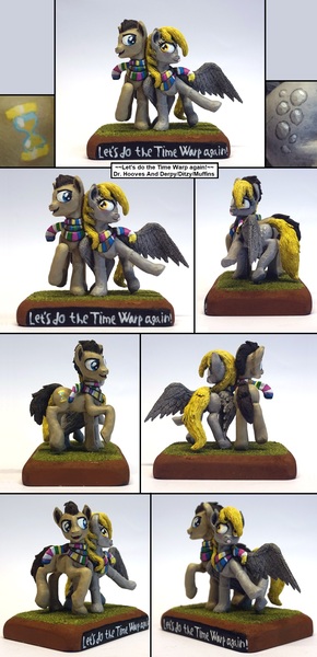 Size: 1124x2326 | Tagged: safe, artist:ubrosis, derpibooru import, derpy hooves, ditzy doo, doctor whooves, time turner, earth pony, pegasus, pony, clothes, doctorderpy, female, male, mare, scarf, sculpey, sculpture, shipping, stallion, straight, traditional art
