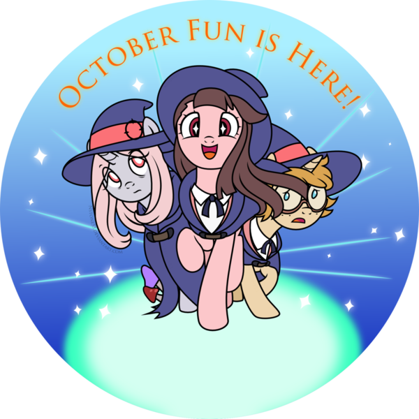 Size: 1024x1024 | Tagged: safe, artist:nstone53, derpibooru import, ponified, pony, akko kagari, anime, clothes, crossover, cute, dress, female, glasses, hat, little witch academia, looking at you, lotte yanson, mare, moe, raised hoof, smiling, sucy manbavaran, trio, witch, witch hat