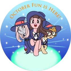 Size: 1024x1024 | Tagged: safe, artist:nstone53, derpibooru import, ponified, pony, akko kagari, anime, clothes, crossover, cute, dress, female, glasses, hat, little witch academia, looking at you, lotte yanson, mare, moe, raised hoof, smiling, sucy manbavaran, trio, witch, witch hat