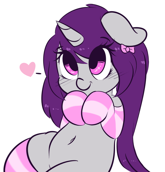 Size: 3422x3568 | Tagged: safe, artist:wickedsilly, derpibooru import, oc, oc:wicked silly, unofficial characters only, pony, unicorn, :t, belly button, bow, clothes, cute, female, floppy ears, hair bow, heart, hnnng, looking up, mare, ocbetes, ponysona, simple background, socks, solo, stockings, striped socks, thigh highs, white background