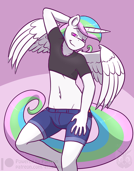 Size: 700x888 | Tagged: alicorn, anthro, artist:ethanqix, clothes, derpibooru import, looking at you, male, prince solaris, princess celestia, rule 63, simple background, smiling, solo, solo male, suggestive