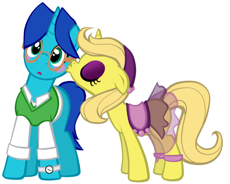 Size: 3396x2724 | Tagged: safe, artist:petraea, derpibooru import, oc, oc:clue, oc:rachel, unofficial characters only, pony, unicorn, blushing, clothes, female, high res, kissing, male, mare, simple background, stallion, transparent background, vector