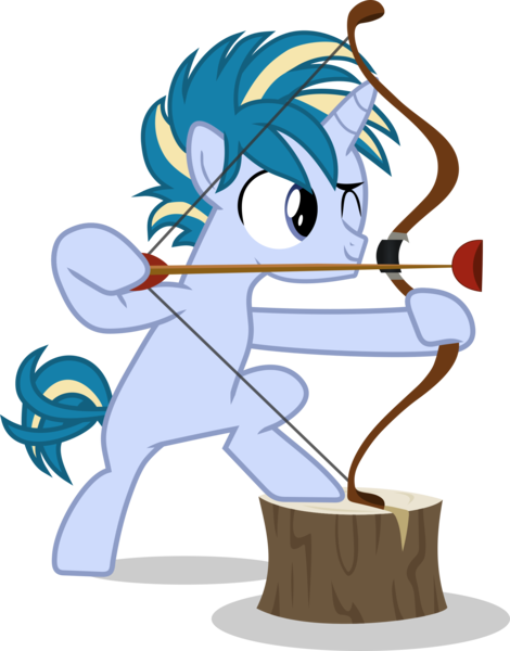 Size: 1877x2397 | Tagged: safe, artist:frownfactory, derpibooru import, skeedaddle, unicorn, marks and recreation, .svg available, anime hair, arrow, bipedal, bow (weapon), bow and arrow, colt, horn, male, multicolored hair, multicolored mane, multicolored tail, one eye closed, simple background, solo, svg, transparent background, tree stump, vector, weapon