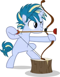 Size: 1877x2397 | Tagged: safe, artist:frownfactory, derpibooru import, skeedaddle, unicorn, marks and recreation, .svg available, anime hair, arrow, bipedal, bow (weapon), bow and arrow, colt, horn, male, multicolored hair, multicolored mane, multicolored tail, one eye closed, simple background, solo, svg, transparent background, tree stump, vector, weapon